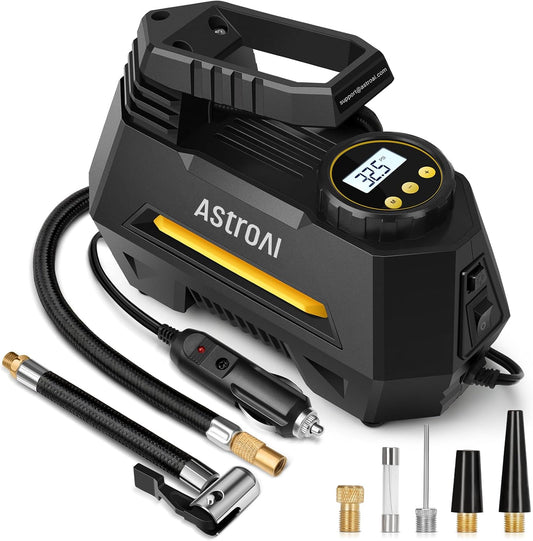 AstroAI Portable Tire Inflator – 12V Car Air Pump with Digital Gauge, Auto Shut-Off & LED Light – Compact Air Compressor for Car, Bike, Ball & More