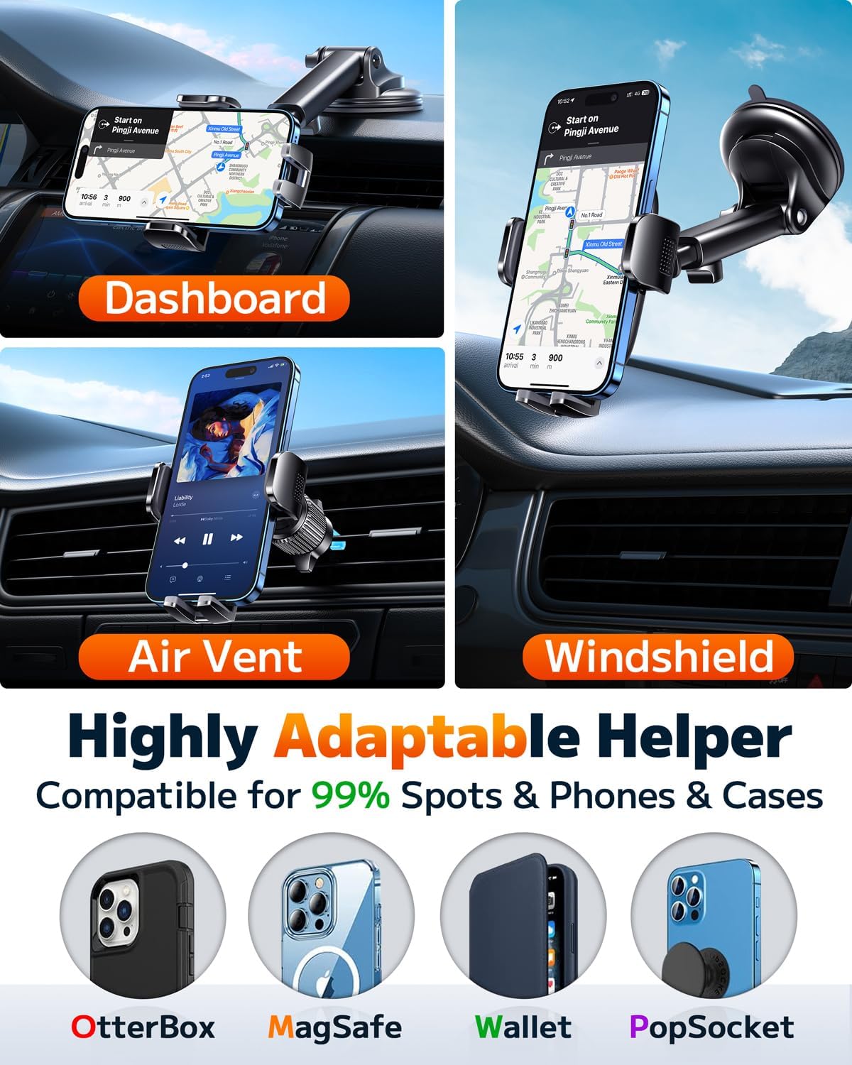 Fresh Auto Pal 3-in-1 Car Phone Mount – Dashboard, Windshield & Air Vent Holder | Universal Fit for iPhone, Android, GPS Devices