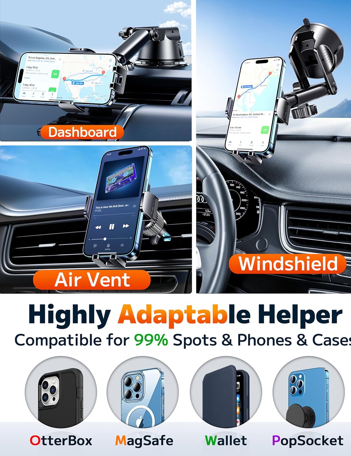 Fresh Auto Pal Dash-Mounted Phone Holder – Universal Car Mount for Windshield, Dashboard, Air Vent | Fits iPhone, Android & GPS