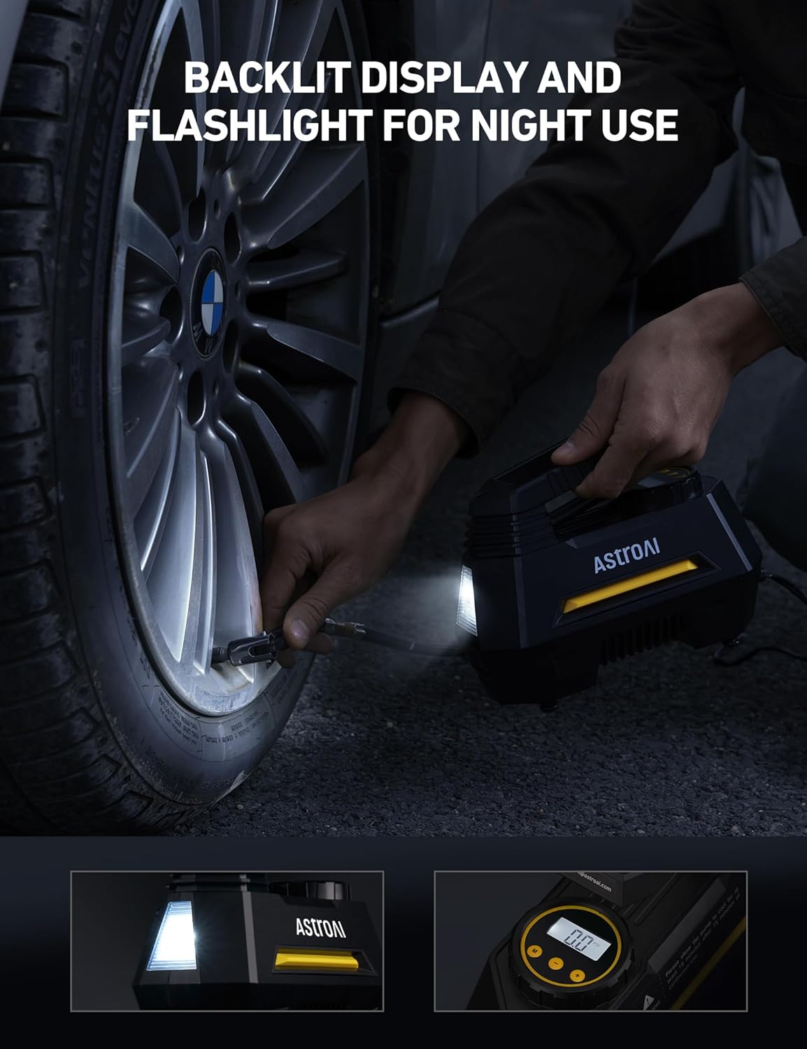 AstroAI Portable Tire Inflator – 12V Car Air Pump with Digital Gauge, Auto Shut-Off & LED Light – Compact Air Compressor for Car, Bike, Ball & More
